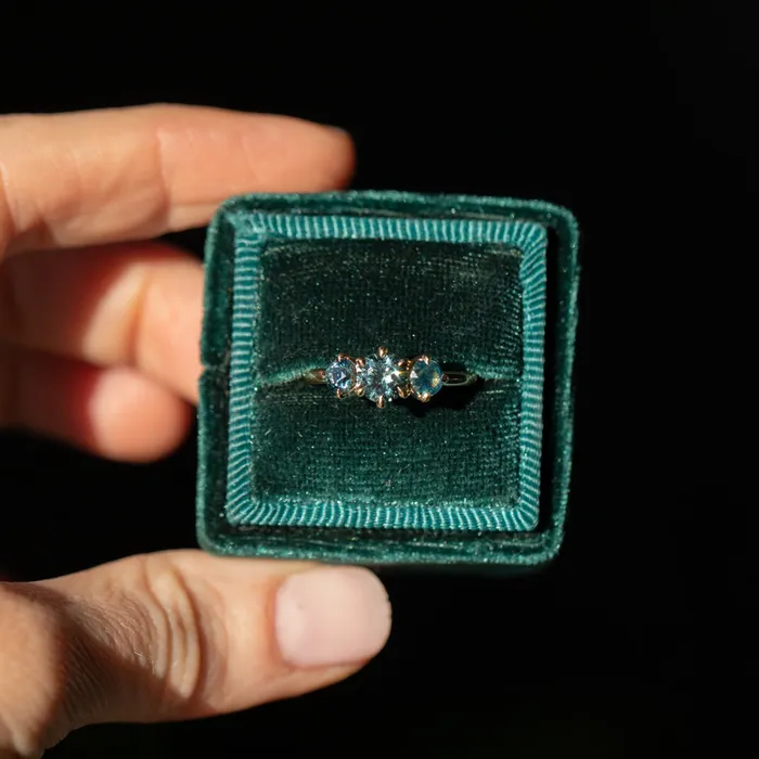 Rings Daniel Stair 082ct Songea and Nigerian Teal Sapphire Three Stone Ring in 14K Yellow Gold