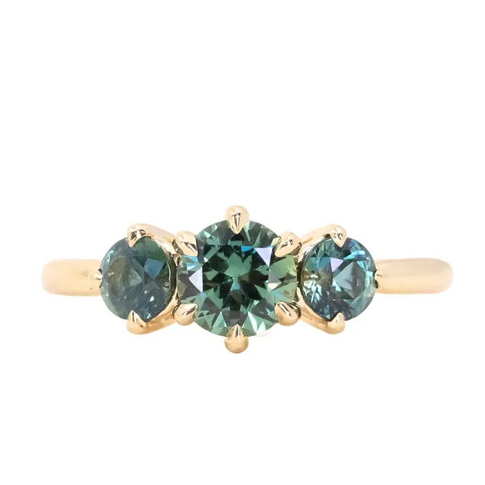 Rings Daniel Stair 082ct Songea and Nigerian Teal Sapphire Three Stone Ring in 14K Yellow Gold