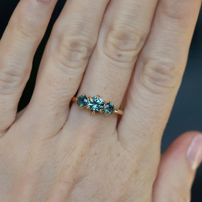 Rings Daniel Stair 082ct Songea and Nigerian Teal Sapphire Three Stone Ring in 14K Yellow Gold