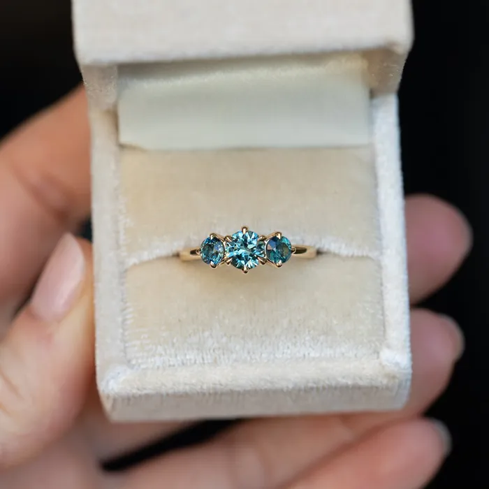 Rings Daniel Stair 082ct Songea and Nigerian Teal Sapphire Three Stone Ring in 14K Yellow Gold