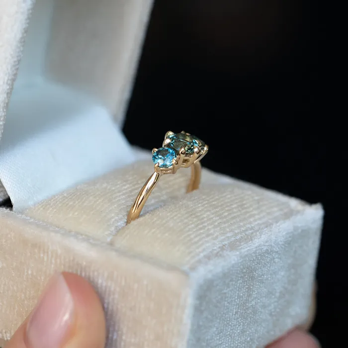 Rings Daniel Stair 082ct Songea and Nigerian Teal Sapphire Three Stone Ring in 14K Yellow Gold