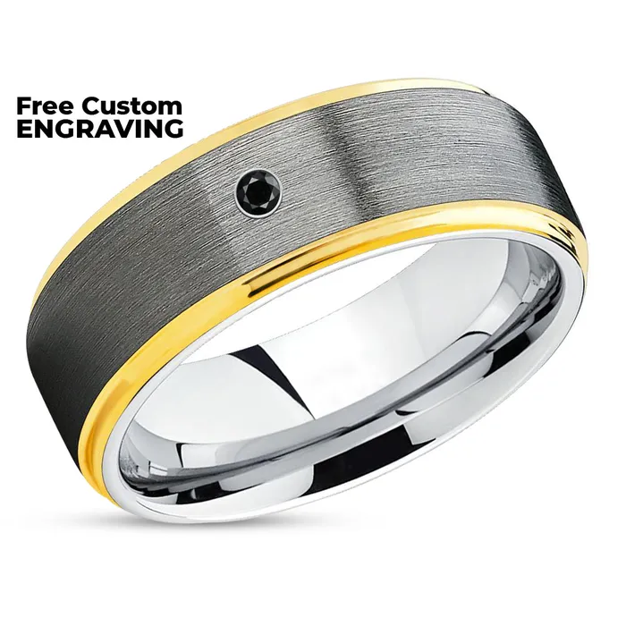 Black Diamond Wedding Ring Yellow Gold Ring Tungsten Wedding Band Gray Ring Clean Casting Jewelry Rings