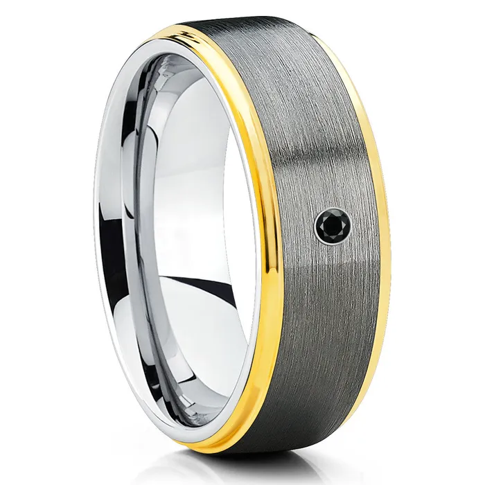 Black Diamond Wedding Ring Yellow Gold Ring Tungsten Wedding Band Gray Ring Clean Casting Jewelry Rings