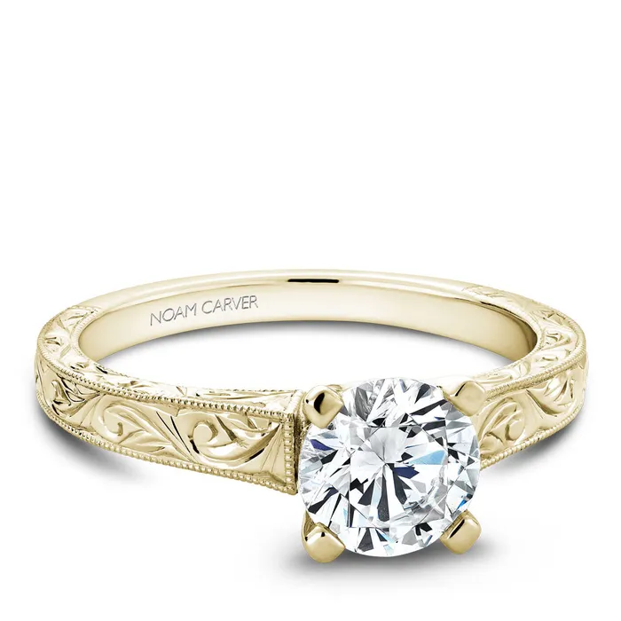 Noam Carver Yellow Gold Carved Shank Engagement Ring Setting International Diamond Center Rings