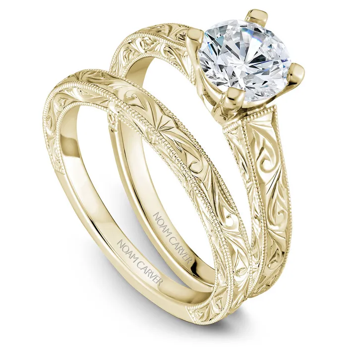 Noam Carver Yellow Gold Carved Shank Engagement Ring Setting International Diamond Center Rings