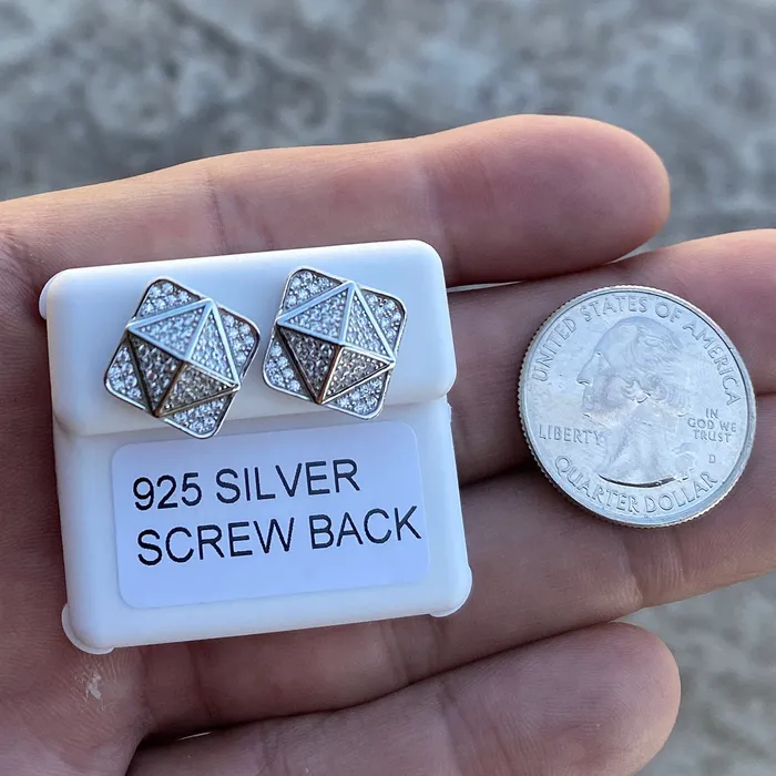 AMERICAN TIME Earrings 925 Silver Square 3D Pyramid Shape Center Iced CZ Earrings 11MM AMERICAN TIME Earrings 925 Silver Square 3D Pyramid Shape Center Iced CZ Earrings 11MM