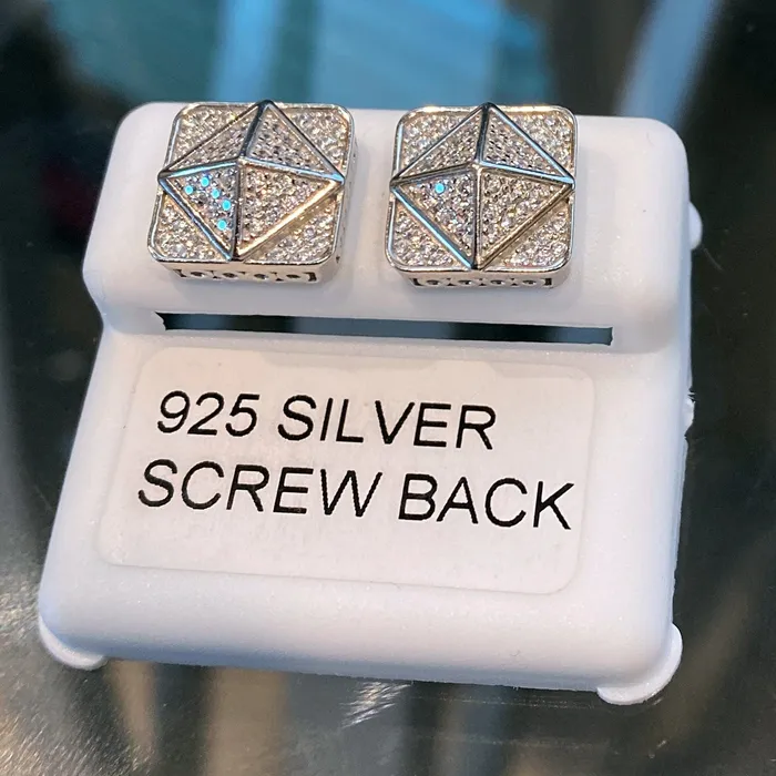AMERICAN TIME Earrings 925 Silver Square 3D Pyramid Shape Center Iced CZ Earrings 11MM AMERICAN TIME Earrings 925 Silver Square 3D Pyramid Shape Center Iced CZ Earrings 11MM