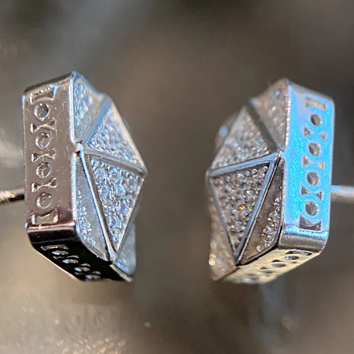 AMERICAN TIME Earrings 925 Silver Square 3D Pyramid Shape Center Iced CZ Earrings 11MM AMERICAN TIME Earrings 925 Silver Square 3D Pyramid Shape Center Iced CZ Earrings 11MM