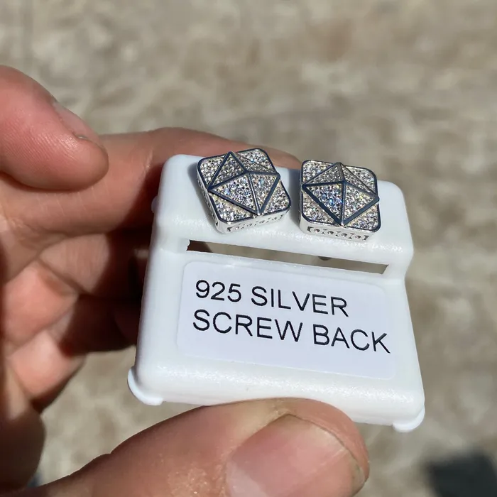 AMERICAN TIME Earrings 925 Silver Square 3D Pyramid Shape Center Iced CZ Earrings 11MM AMERICAN TIME Earrings 925 Silver Square 3D Pyramid Shape Center Iced CZ Earrings 11MM