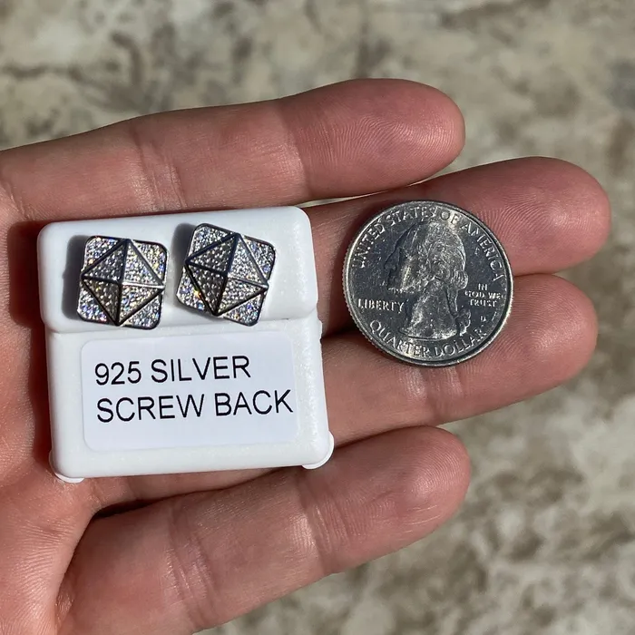 AMERICAN TIME Earrings 925 Silver Square 3D Pyramid Shape Center Iced CZ Earrings 11MM AMERICAN TIME Earrings 925 Silver Square 3D Pyramid Shape Center Iced CZ Earrings 11MM