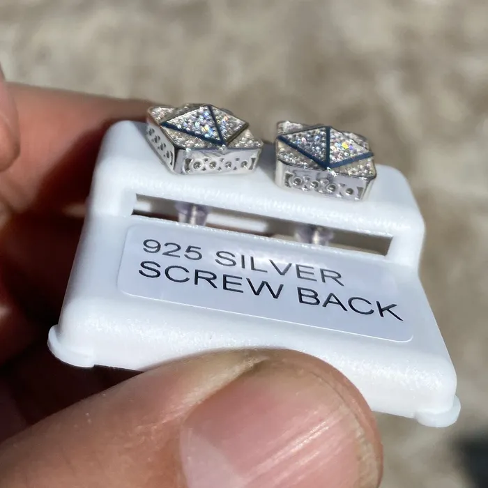 AMERICAN TIME Earrings 925 Silver Square 3D Pyramid Shape Center Iced CZ Earrings 11MM AMERICAN TIME Earrings 925 Silver Square 3D Pyramid Shape Center Iced CZ Earrings 11MM