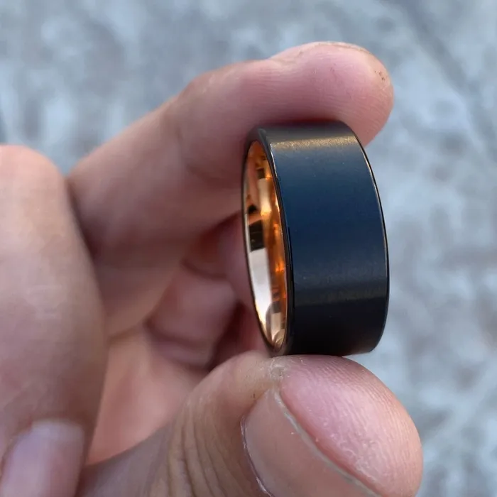 Bling Cartel Black Tungsten Carbide Wedding Band Ring Rose Gold Plated Inside 10MM Wide Rings Bling Cartel Black Tungsten Carbide Wedding Band Ring Rose Gold Plated Inside 10MM Wide Rings