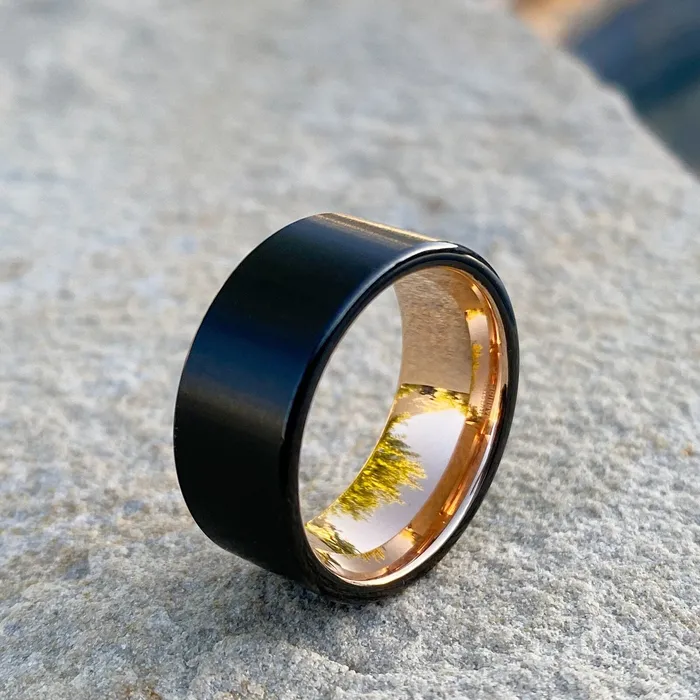 Bling Cartel Black Tungsten Carbide Wedding Band Ring Rose Gold Plated Inside 10MM Wide Rings Bling Cartel Black Tungsten Carbide Wedding Band Ring Rose Gold Plated Inside 10MM Wide Rings