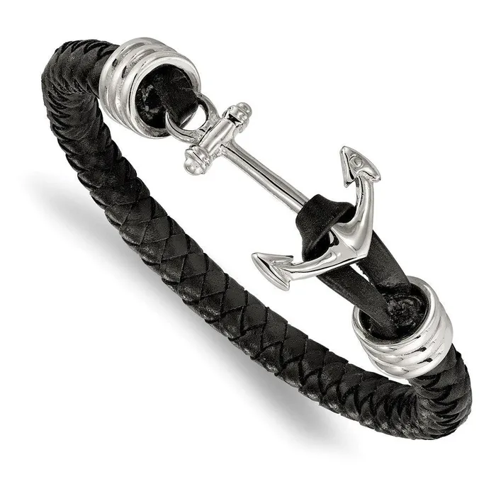Bracelets Chisel Stainless Steel Polished Black Braided Leather Anchor 85in Bracelet Bracelets Chisel Stainless Steel Polished Black Braided Leather Anchor 85in Bracelet