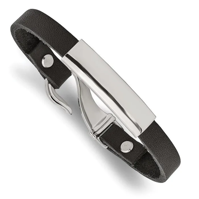 Bracelets Chisel Stainless Steel Polished ID and Black Leather Bracelet