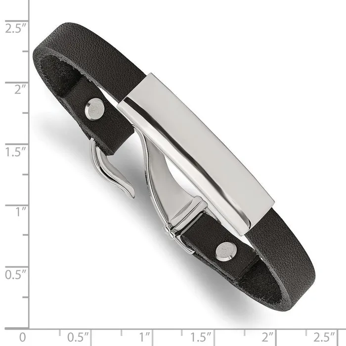 Bracelets Chisel Stainless Steel Polished ID and Black Leather Bracelet Bracelets Chisel Stainless Steel Polished ID and Black Leather Bracelet