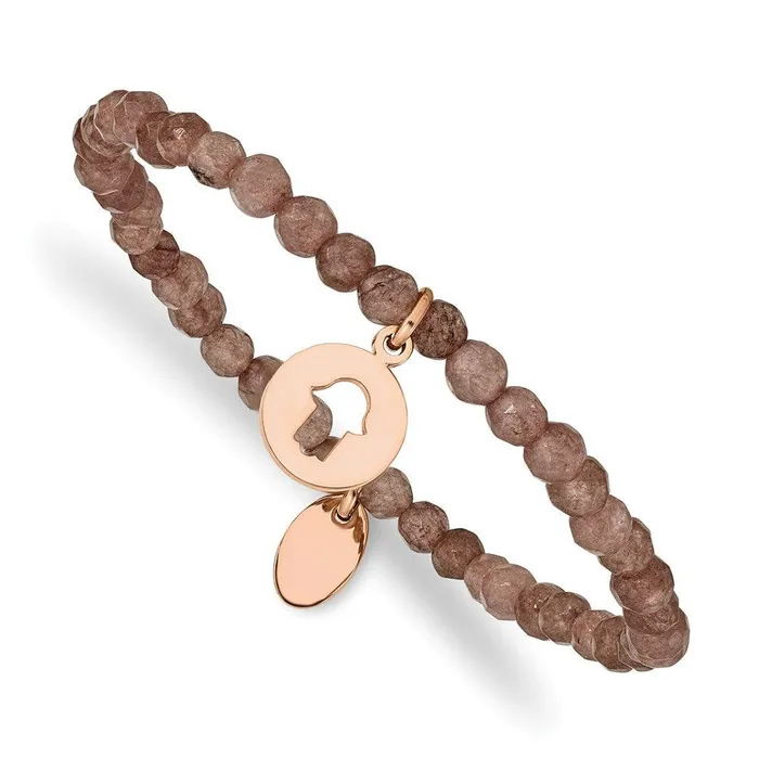 Bracelets Chisel Stainless Steel Polished Rose IP Hamsa Brown Jade Stretch Bracelet Bracelets Chisel Stainless Steel Polished Rose IP Hamsa Brown Jade Stretch Bracelet