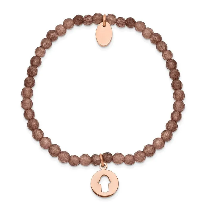 Bracelets Chisel Stainless Steel Polished Rose IP Hamsa Brown Jade Stretch Bracelet Bracelets Chisel Stainless Steel Polished Rose IP Hamsa Brown Jade Stretch Bracelet