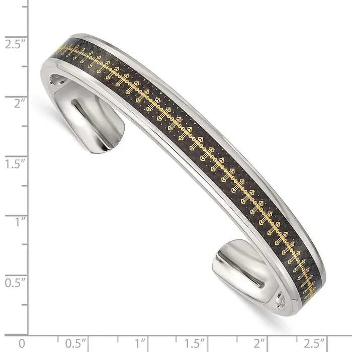 Bracelets Stainless Steel Polished Carbon Fiber InlayYellow IPplated Cross Bangle Chisel