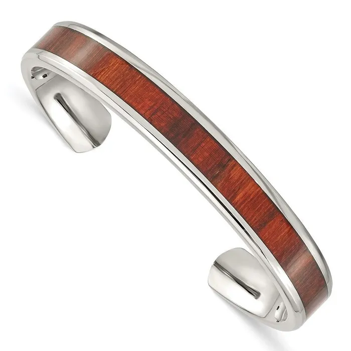 Chisel Bracelets Stainless Steel Polished Red Wood Inlay Bangle