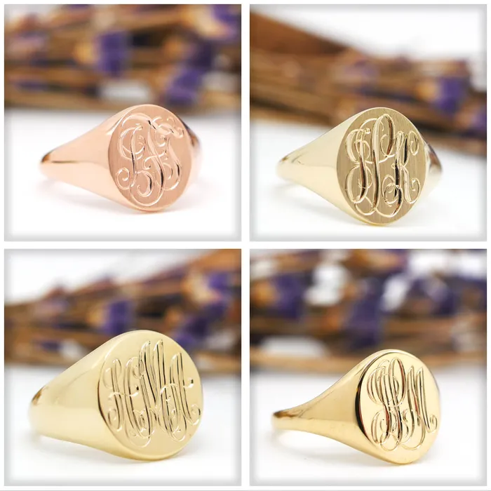 deBebians Rings Womens Oval Signet Ring Extra Small Hand Engraved Script Monogram