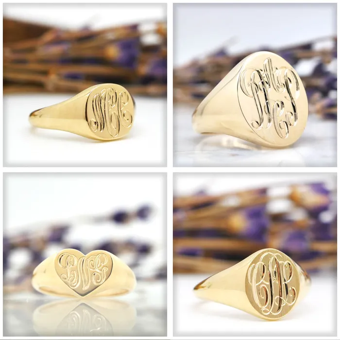 deBebians Rings Womens Oval Signet Ring Extra Small Hand Engraved Script Monogram