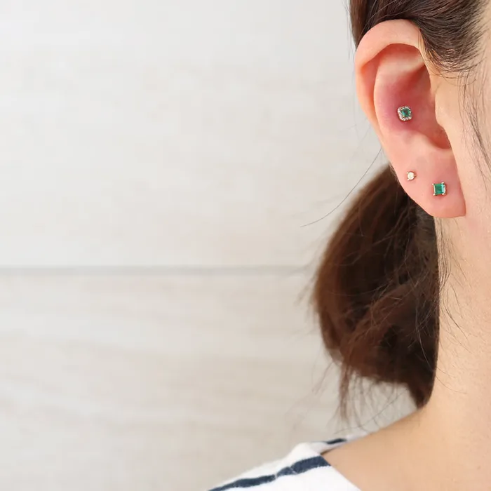 from J Shop Earrings Square Cut Emerald Halo Piercing