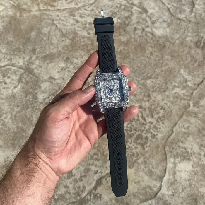 Rings Bling Cartel Admin Mens Big Square Hip Hop Watch Silver Tone Flooded Out Black Band