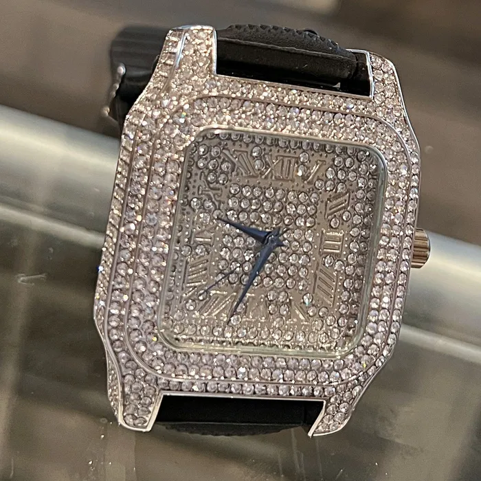 Rings Bling Cartel Admin Mens Big Square Hip Hop Watch Silver Tone Flooded Out Black Band