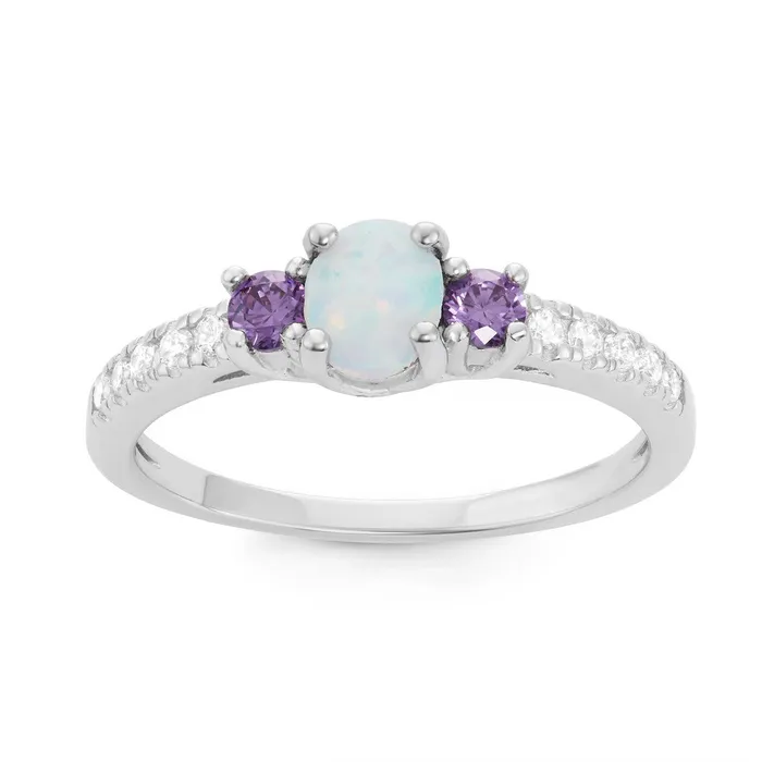 Rings Classic Sterling Silver White Opal Oval with Amethyst CZ Ring W1508