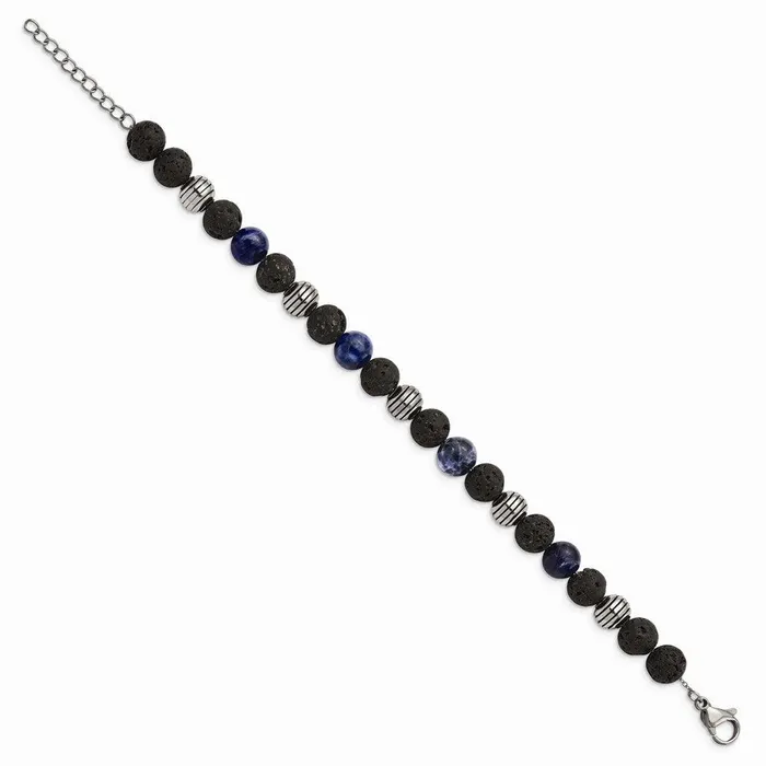 Stainless Steel Antiqued Polished Lava StoneSodalite w1in ext Bracelet Chisel Bracelets
