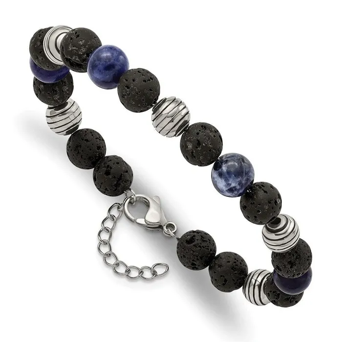 Stainless Steel Antiqued Polished Lava StoneSodalite w1in ext Bracelet Chisel Bracelets