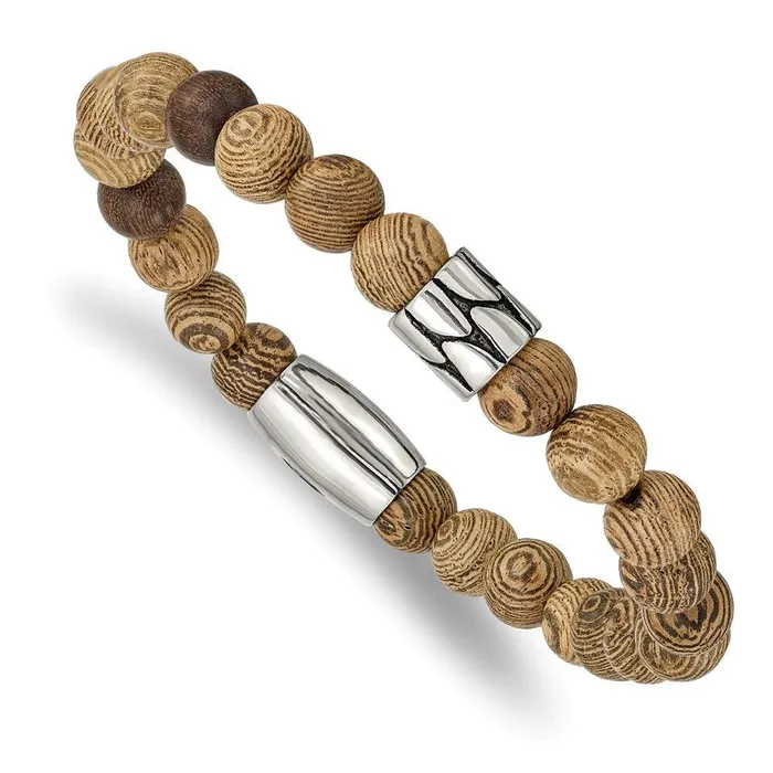 Stainless Steel Antiqued Polished Tan African Wood Stretch Bracelet Chisel Bracelets