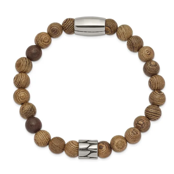 Stainless Steel Antiqued Polished Tan African Wood Stretch Bracelet Chisel Bracelets