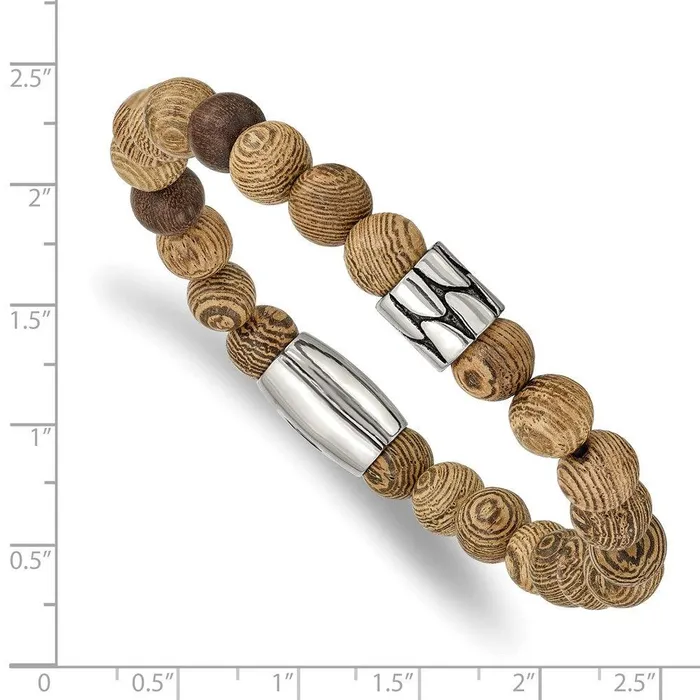 Stainless Steel Antiqued Polished Tan African Wood Stretch Bracelet Chisel Bracelets