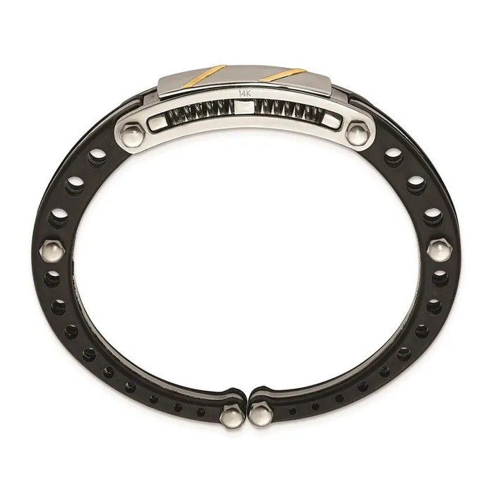Stainless Steel Black PVC 14k Yellow Inlay Hinged Bangle Chisel Bracelets