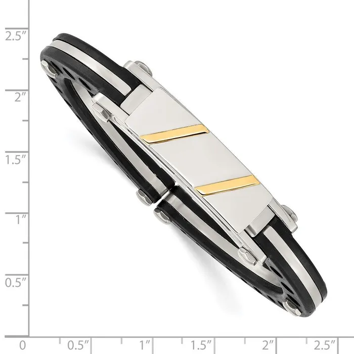 Stainless Steel Black PVC 14k Yellow Inlay Hinged Bangle Chisel Bracelets