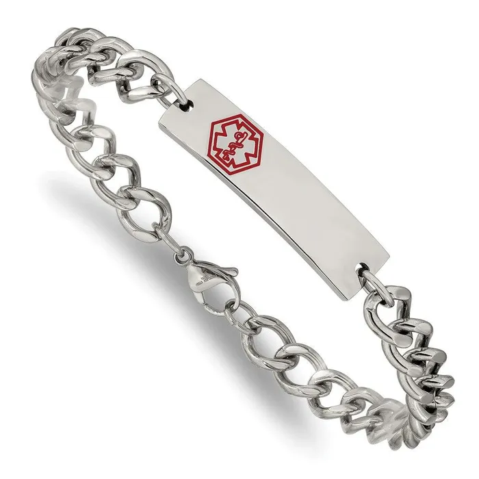Stainless Steel Polished with Red Enamel 95in Medical ID Bracelet Chisel Bracelets