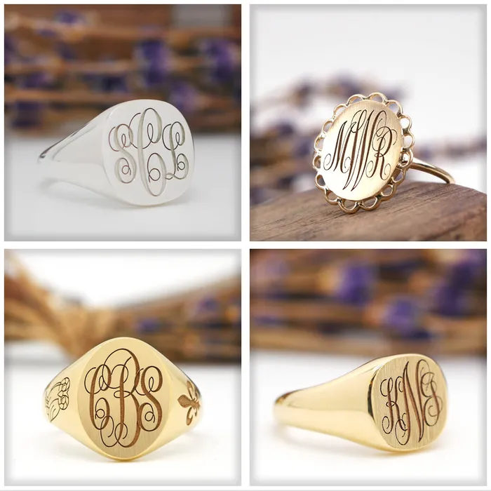 Womens Oval Signet Ring Extra Small Laser Engraved Script Monogram deBebians Rings