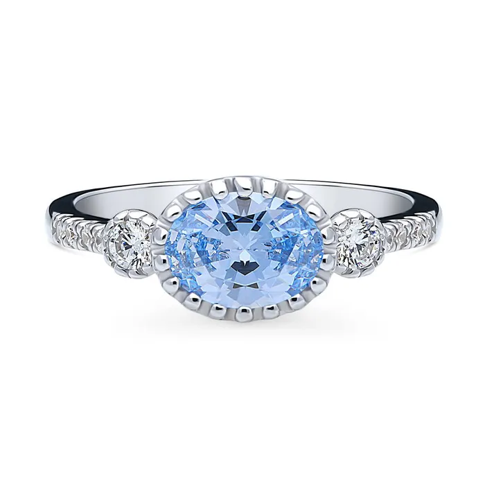 BERRICLE Rings 3Stone Greyish Blue Oval CZ Ring in Sterling Silver 12ct