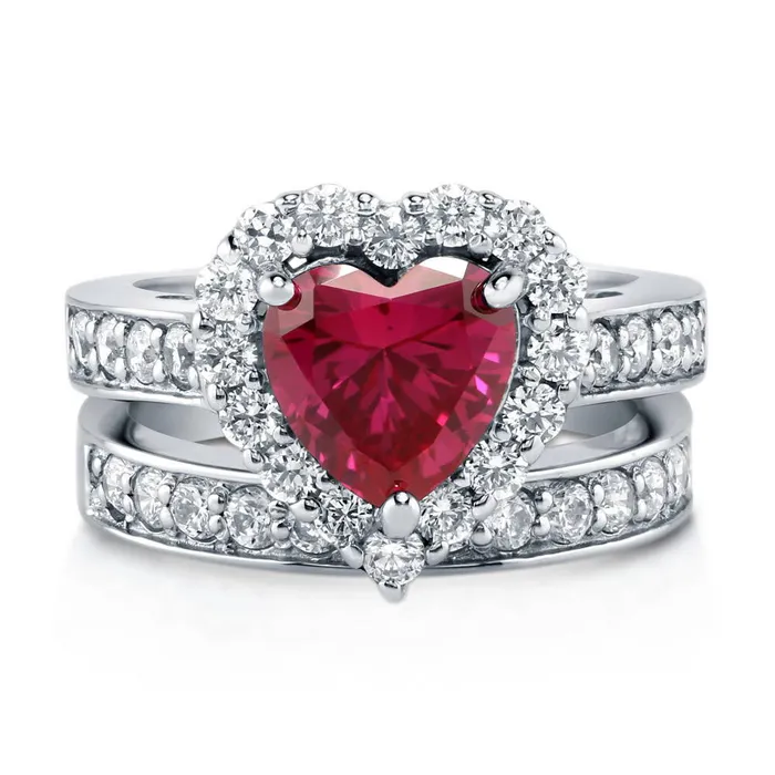 BERRICLE Rings Halo Heart Simulated Ruby Heart CZ Ring Set in Sterling Silver BERRICLE Rings Halo Heart Simulated Ruby Heart CZ Ring Set in Sterling Silver