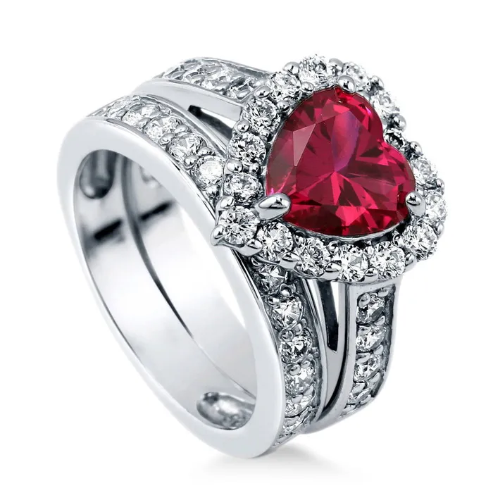 BERRICLE Rings Halo Heart Simulated Ruby Heart CZ Ring Set in Sterling Silver