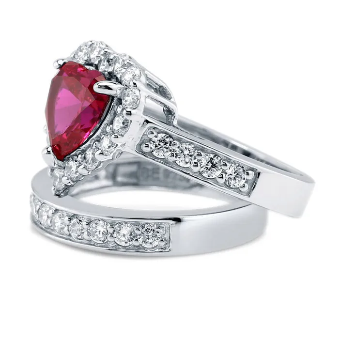 BERRICLE Rings Halo Heart Simulated Ruby Heart CZ Ring Set in Sterling Silver