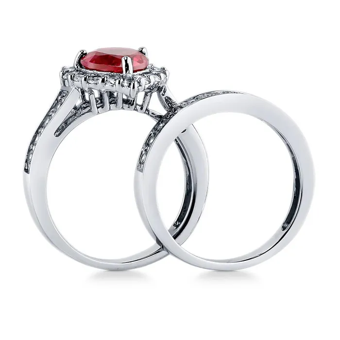 BERRICLE Rings Halo Heart Simulated Ruby Heart CZ Ring Set in Sterling Silver