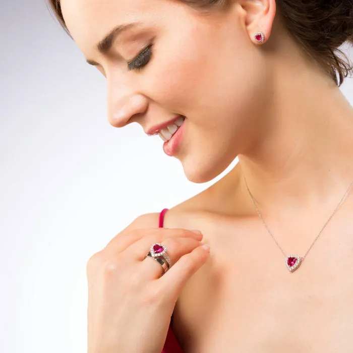 BERRICLE Rings Halo Heart Simulated Ruby Heart CZ Ring Set in Sterling Silver