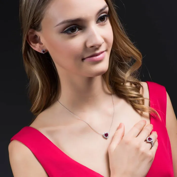 BERRICLE Rings Halo Heart Simulated Ruby Heart CZ Ring Set in Sterling Silver