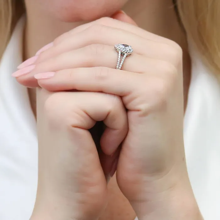 BERRICLE Rings Halo Wishbone Pear CZ Split Shank Ring Set in Sterling Silver