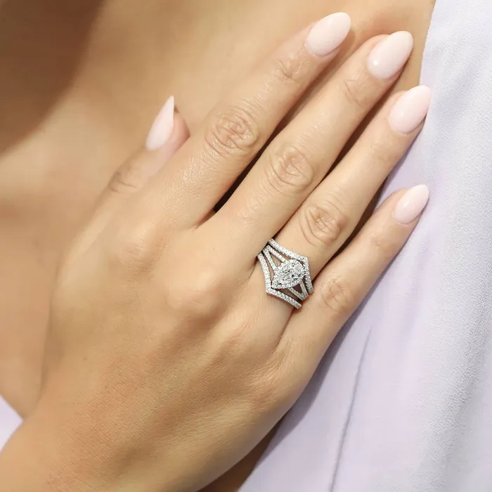 BERRICLE Rings Halo Wishbone Pear CZ Split Shank Ring Set in Sterling Silver