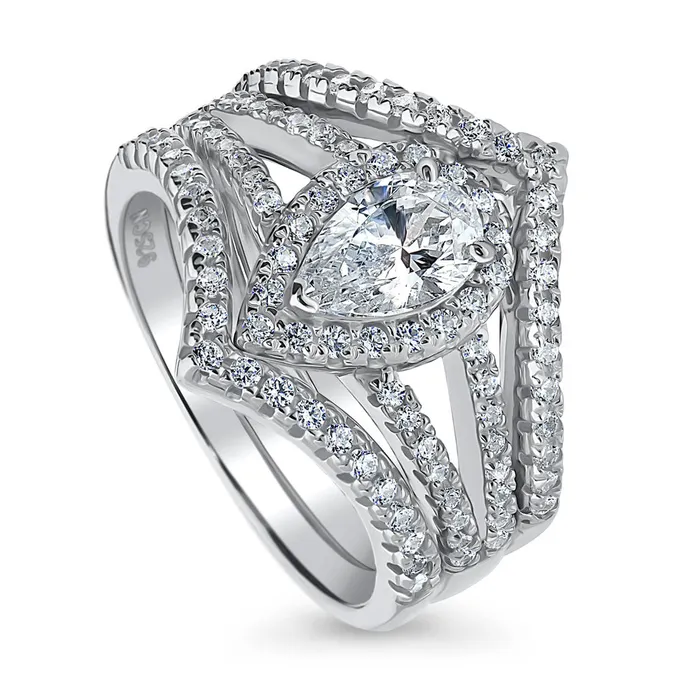 BERRICLE Rings Halo Wishbone Pear CZ Split Shank Ring Set in Sterling Silver