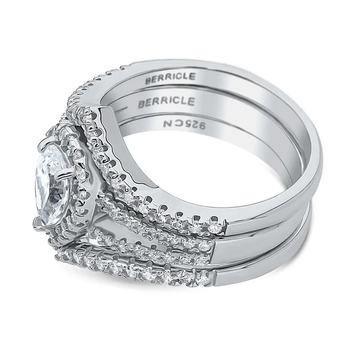 BERRICLE Rings Halo Wishbone Pear CZ Split Shank Ring Set in Sterling Silver